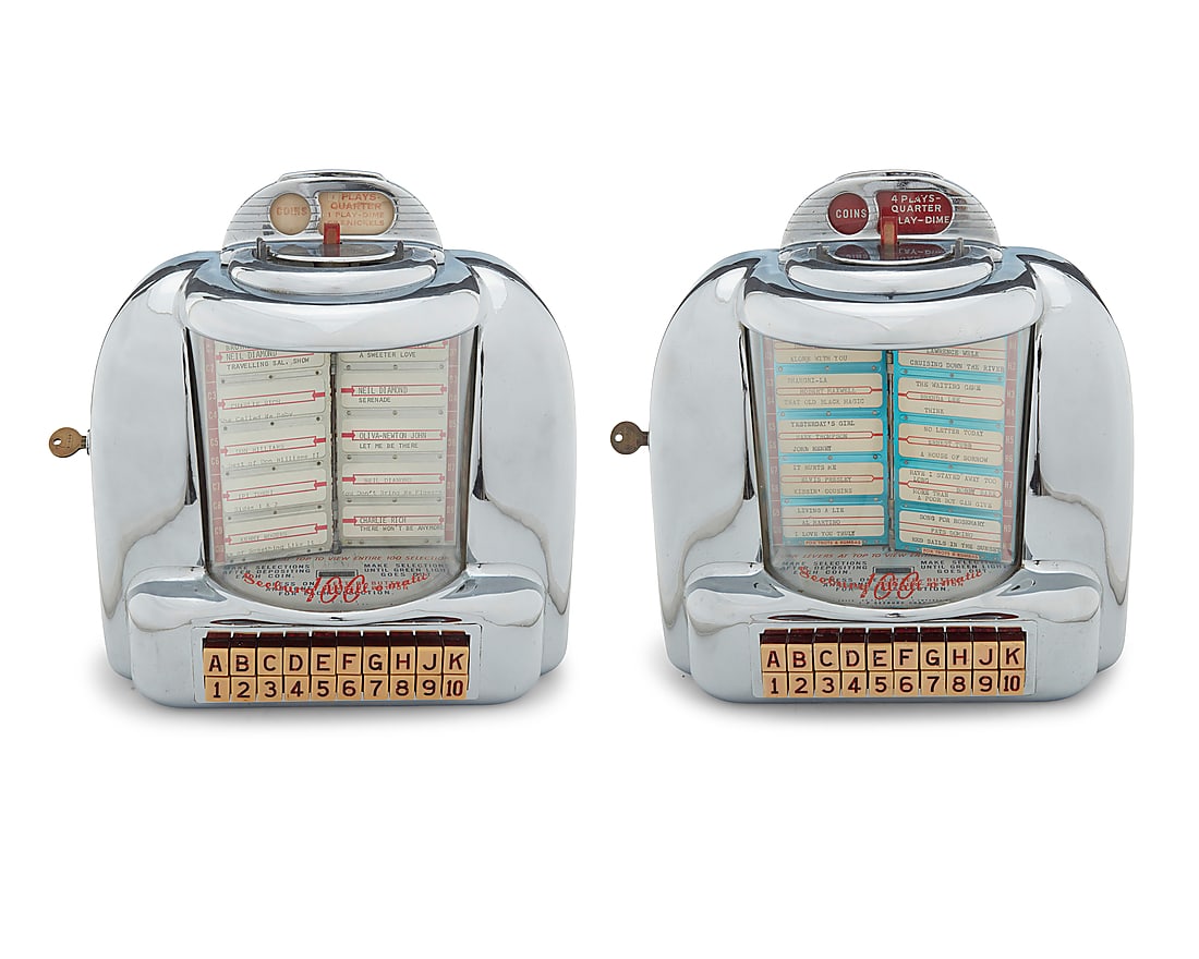 A pair of Seeburg '100 Wall-o-Matic' jukebox selectors: A pair of Seeburg '100 Wall-o-Matic' jukebox selectors Manufactured 1948-1958 Wall boxes with serial numbers '194226' and '165179,' electrified 2 pieces Height of each 13 in., width 12 1/4 in., depth 