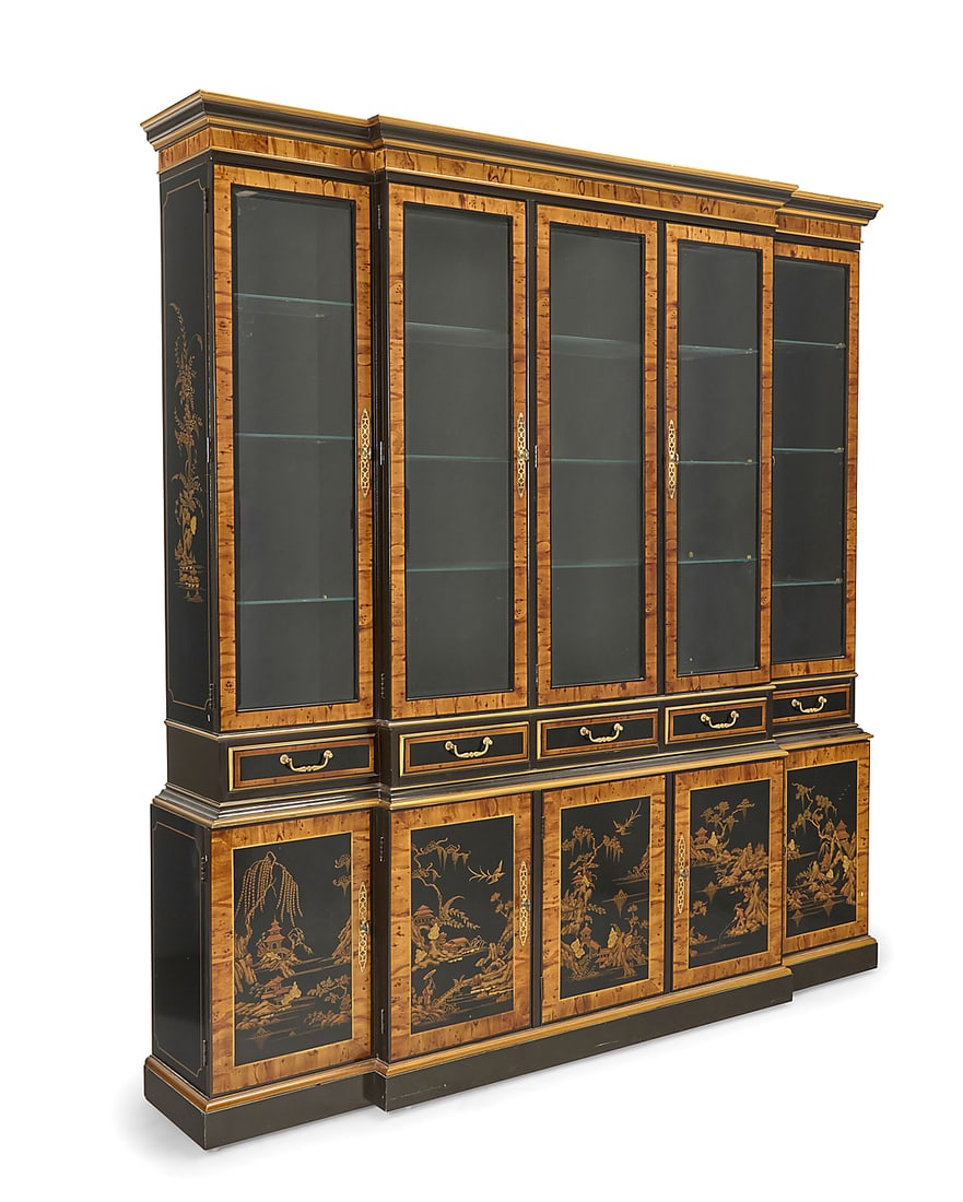 A Drexel Heritage chinoiserie breakfront cabinet: A Drexel Heritage chinoiserie breakfront cabinet Late 20th century Factory burn mark to one drawer; numbered to applied label: 049195 With Asian-style motifs on black lacquer, accented by burlwood tri