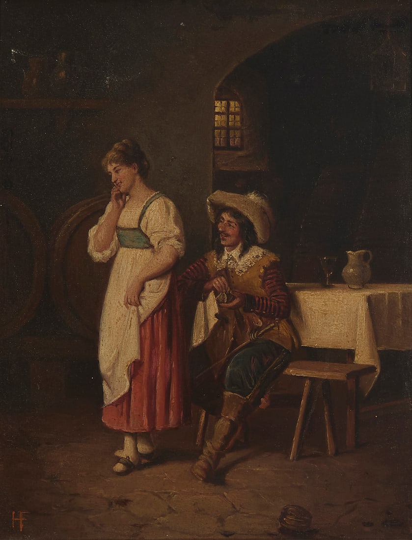 After Edoardo Galli (1852-1933), Cavalier and woman in a wine cellar: After Edoardo Galli (1852-1933) Cavalier and woman in a wine cellar Oil on panel Initialed with conjoined letters lower left: HF 10 5/8 x 8 1/8 in.