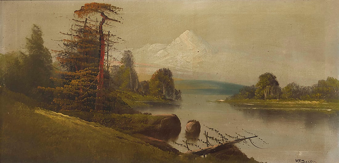 William Franklin Jackson (1850-1936), Lakeside landscape: William Franklin Jackson (1850-1936) Lakeside landscape Oil on canvas Signed lower right: W.F. Jackson 12 x 24 in.