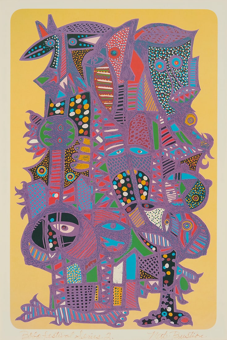 Nathaniel Bustion (b. 1942), "Bogo Festival Series 2": Nathaniel Bustion (b. 1942) "Bogo Festival Series 2" Screenprint in colors on paper From the edition of unknown size and date Signed and titled in marker in the lower margin: Nat Bustion Image: 14 x 9