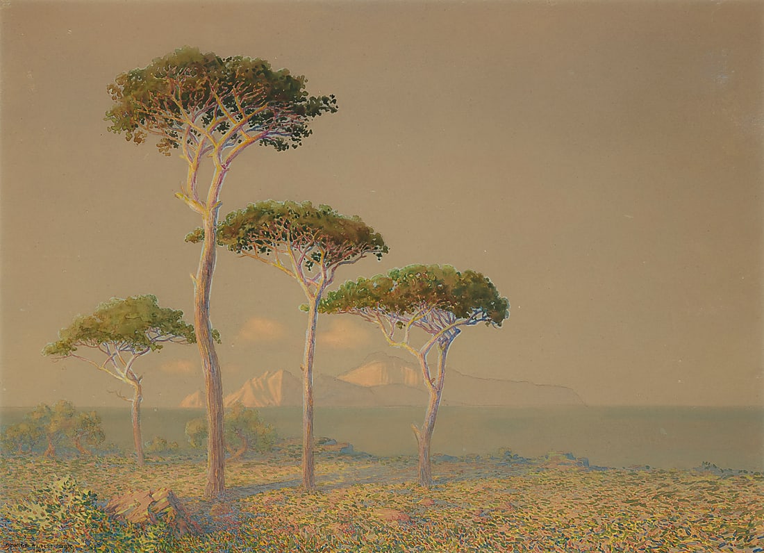 George Elbert Burr (1859-1939), "Island of Capri, from Sorrento, Daybreak," 1918: George Elbert Burr (1859-1939) "Island of Capri, from Sorrento, Daybreak," 1918 Watercolor on paper Signed and dated lower left: George Elbert Burr / 1918; titled on a typed label affixed to the frame
