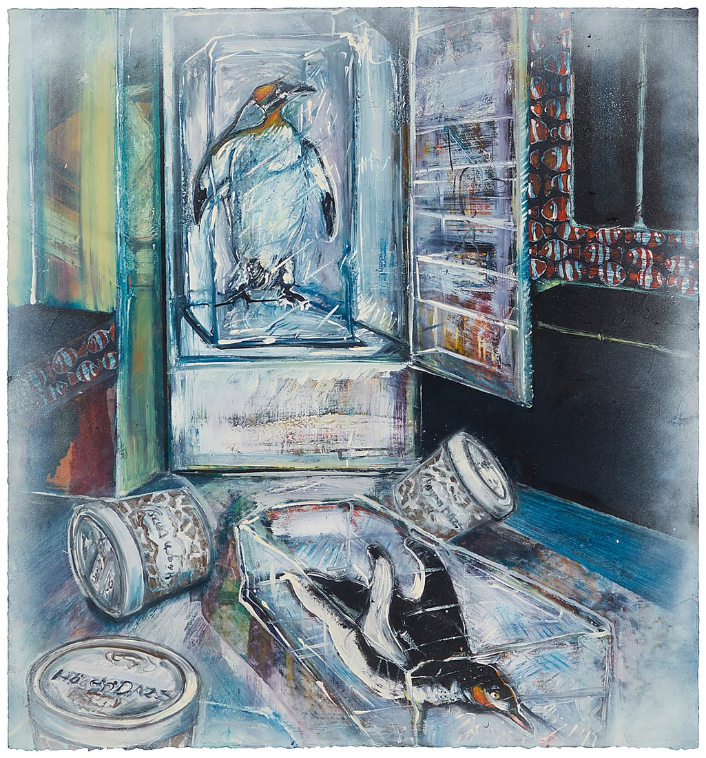 Frank Dixon (20th Century), "Endangered Species - Penguin," 1991: Frank Dixon (20th Century) "Endangered Species - Penguin," 1991 Mixed media on paper Appears unsigned Sheet: 30 x 27 3/4 in.