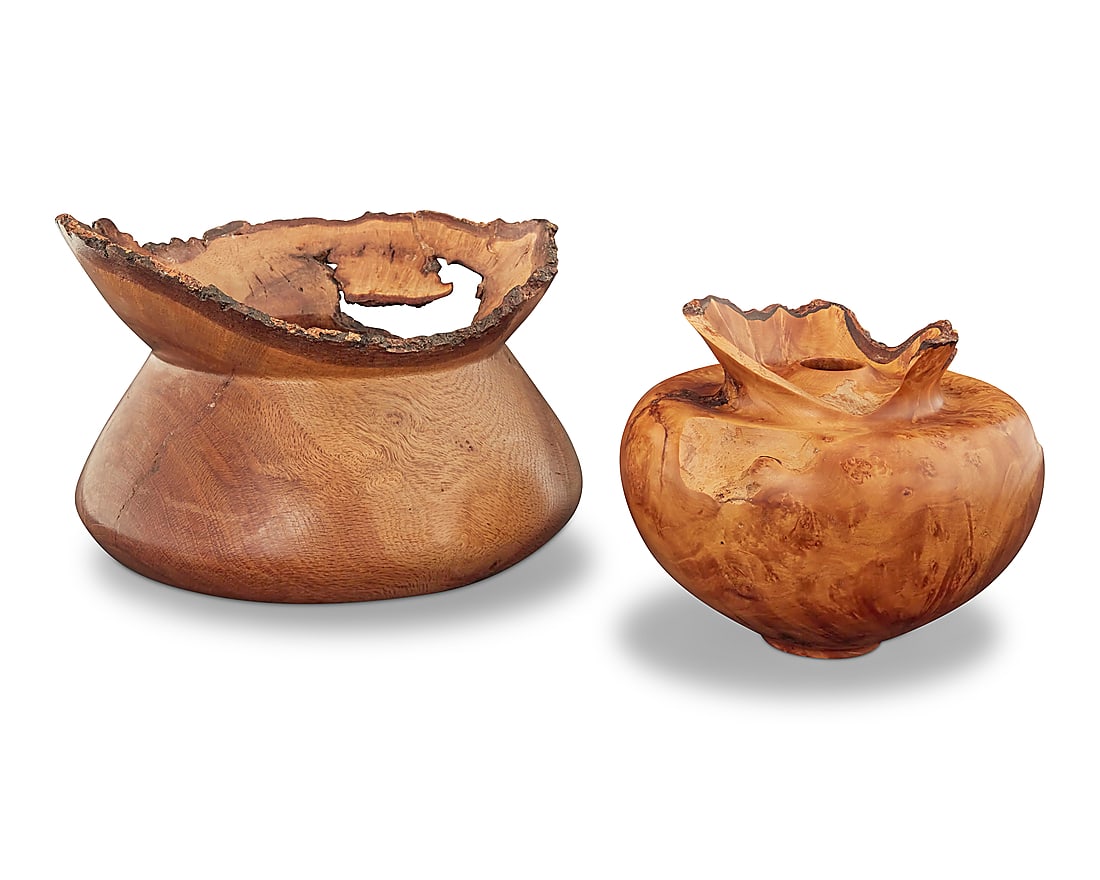 Two turned wood bowls: Two turned wood bowls Late 20th century One inscribed with possible date and inscription: LABAUGH / 00 / SOUTHERN RED OAK / 5/150 / ALABAMD CHAMPION; the other with incised signature, date, and
