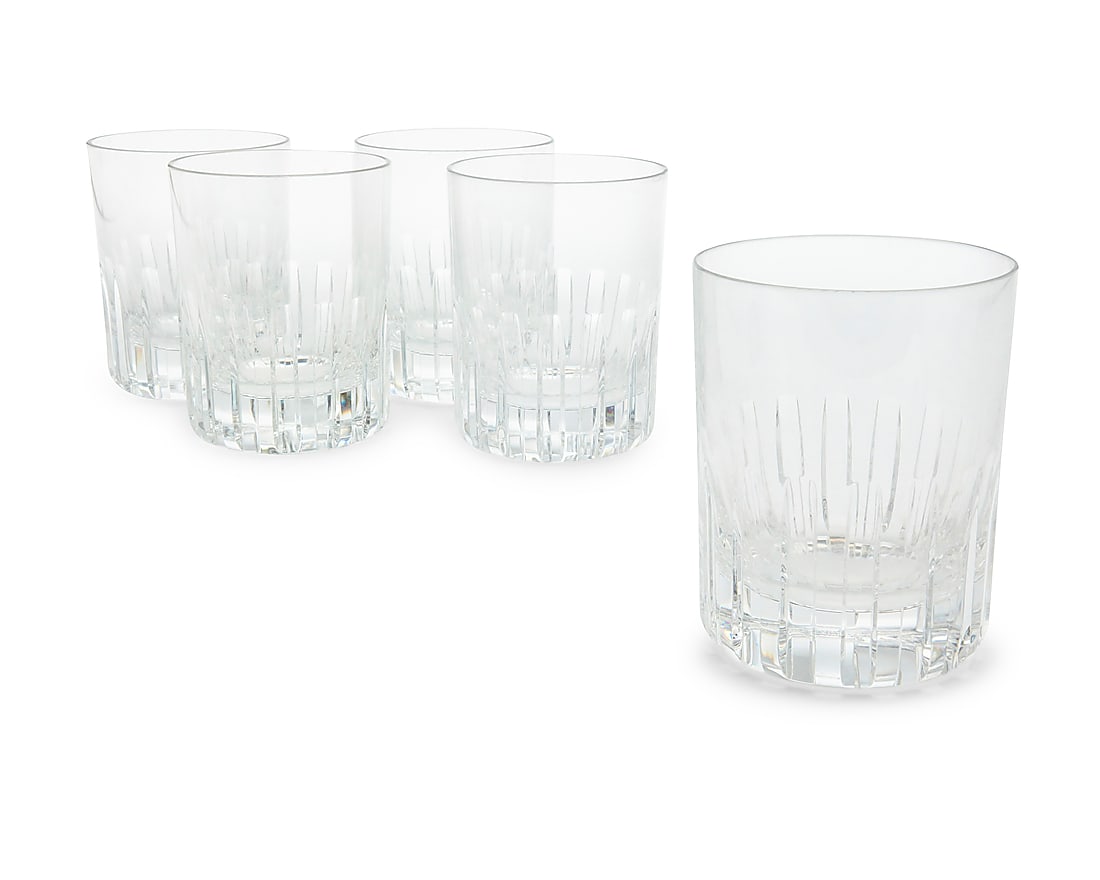 A set of five Baccarat glass 'Rotary' double old fashioned glasses: A set of five Baccarat glass 'Rotary' double old fashioned glasses Late 20th century Produced 1981-2016 Each etched with factory mark 5 pieces Height of each 4 3/4 in., diameter 3 5/8 in.