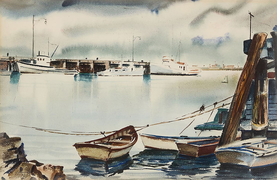 Joseph Knowles (1907-1980), Harbor scene, 1947: Joseph Knowles (1907-1980) Harbor scene, 1947 Watercolor and gouache on paper Signed and dated lower left: J. Knowles / 47 Sight: 14 1/4 x 22 in.