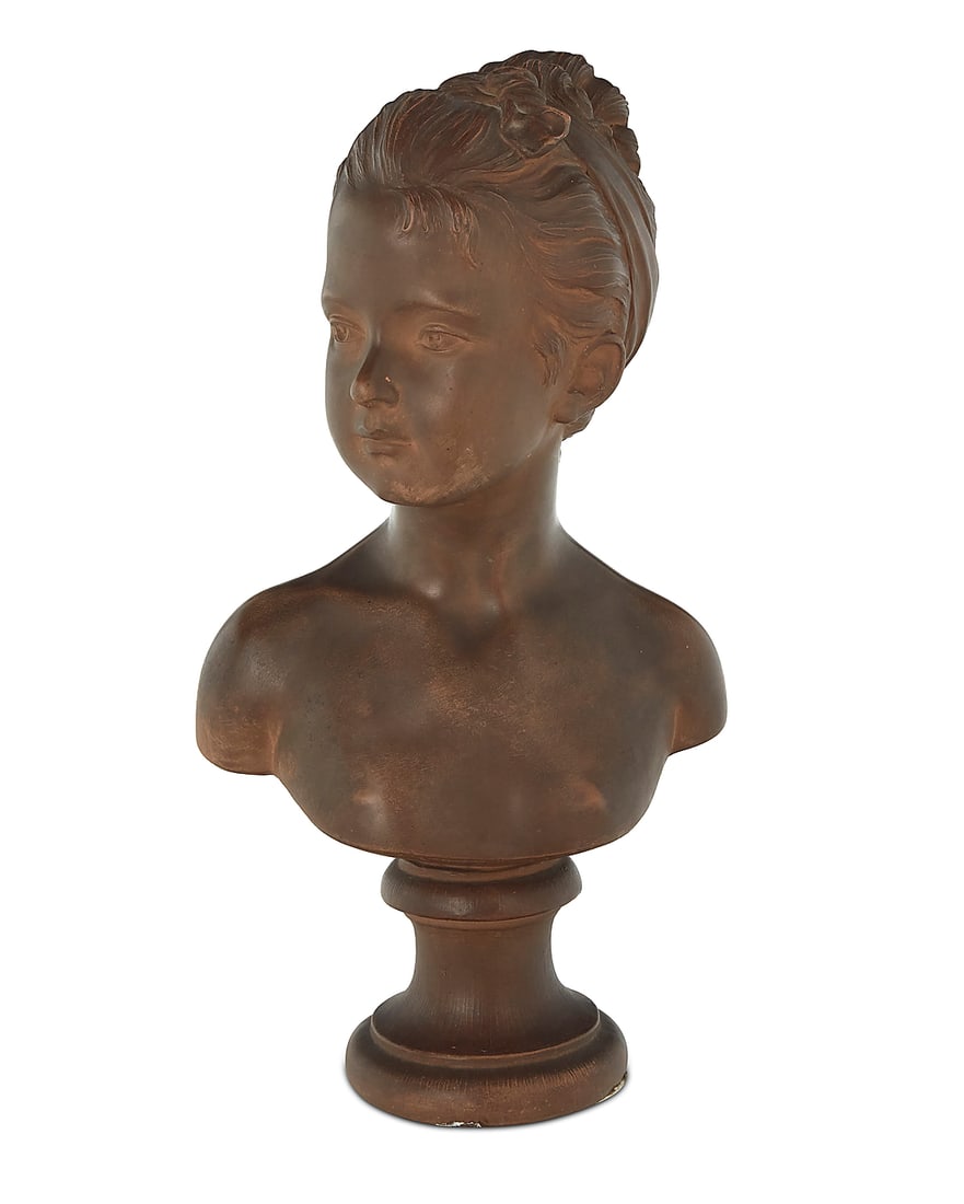 After Jean Antoine Houdon (1741-1828), A terracotta bust of Marie-Louise Brongniart, 20th century: After Jean Antoine Houdon (1741-1828) A terracotta bust of Marie-Louise Brongniart, 20th century Incised: HOUDON Marie-Louise Brongniart (1772-1845) as a little girl Height 17 3/4 in., width 9 1/2