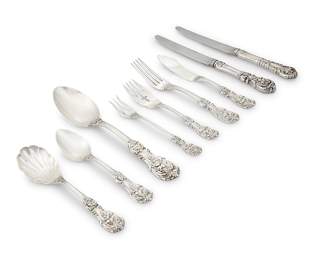 A Reed & Barton sterling silver 'Francis I' part flatware service: A Reed & Barton sterling silver 'Francis I' part flatware service Mid-20th century Designed 1907 Each with factory marks for sterling Comprising: 4 dinner knives (9 1/4 in.) 4 dinner forks (7 1/4 in.)
