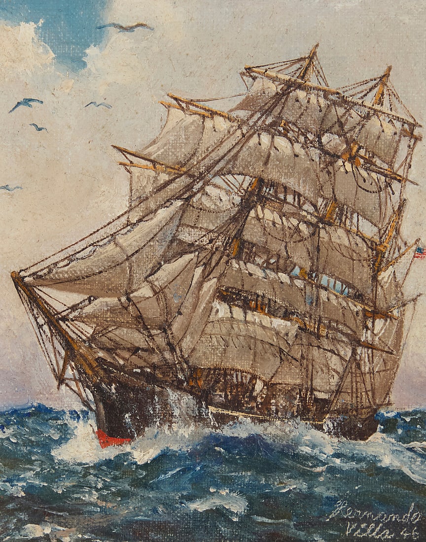 Hernando Villa (1881-1952), "Full Sail," 1946: Hernando Villa (1881-1952) "Full Sail," 1946 Oil on canvas Signed and dated lower right: Hernando / Villa 46; titled on a label affixed to the frame's backing board 6 1/2 x 5 1/4 in.