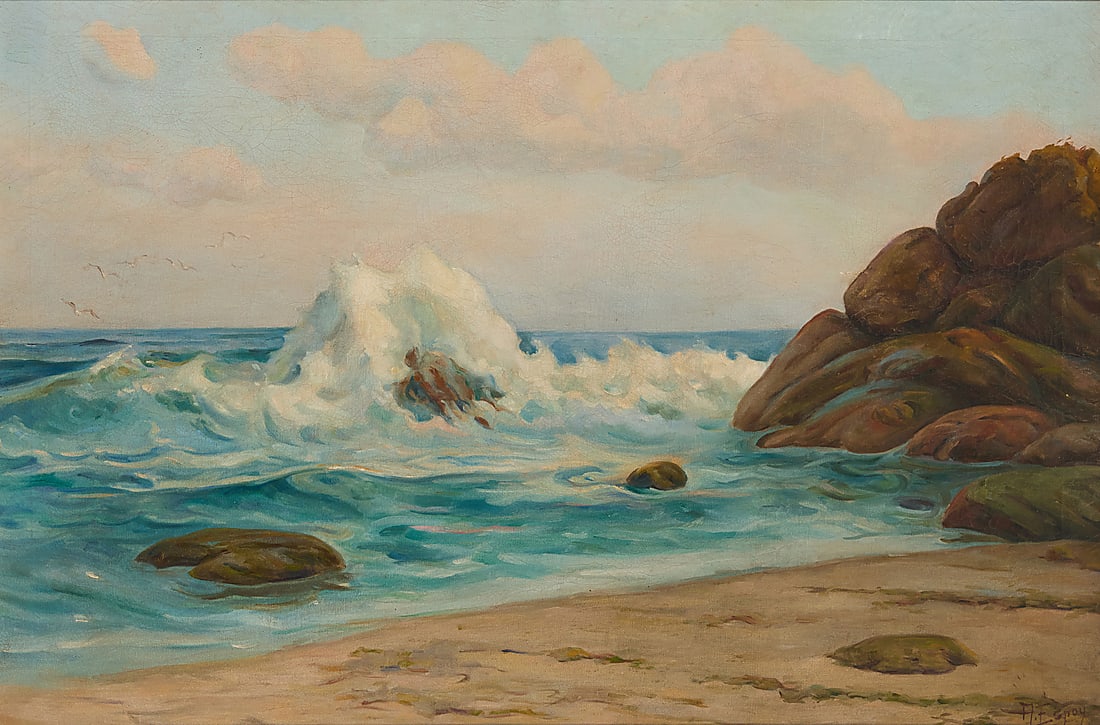 Angel Espoy (1879-1963), Rocky coastal: Angel Espoy (1879-1963) Rocky coastal Oil on canvas Signed lower right: A. Espoy; with the artist's black ink copyright stamp, verso 24 x 36 in. Provenance: Estate, Lansing, MI Sold: John M