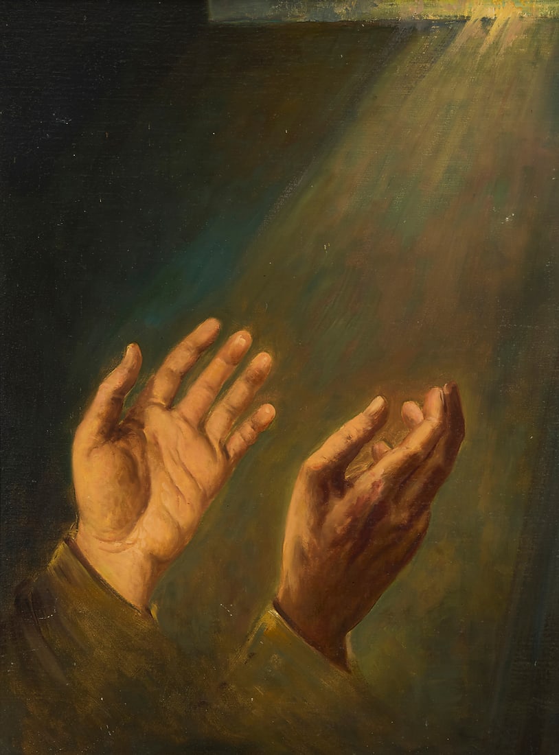 Innocenzo Daraio (1903-1993), "Thy Will Be Done," 1960: Innocenzo Daraio (1903-1993) "Thy Will Be Done," 1960 Oil on canvas mounted to artist's Masonite Signed, titled, and dated verso: Innocenzo Daraio / 1960 24 x 18 in.