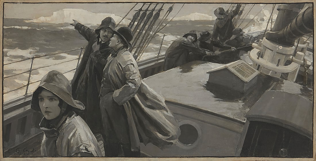 C.G. Gaul (20th Century), Rough seas en grisaille, 1925: C.G. Gaul (20th Century) Rough seas en grisaille, 1925 Oil on canvas laid to foam core Signed and dated lower left: C.G. Gaul / 1925 Canvas: 16 x 35 3/8 in.; Foam core: 22 1/4 x 39 1/2 Provenance: