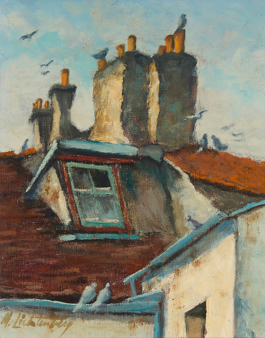 Manes Lichtenberg (1920-2009), "Chimneys": Manes Lichtenberg (1920-2009) "Chimneys" Oil on canvas Signed lower left: M. Lichtenberg; titled and inscribed "PH" in pencil on the canvas overlap 10 x 8 in. Provenance: This lot is accompanied