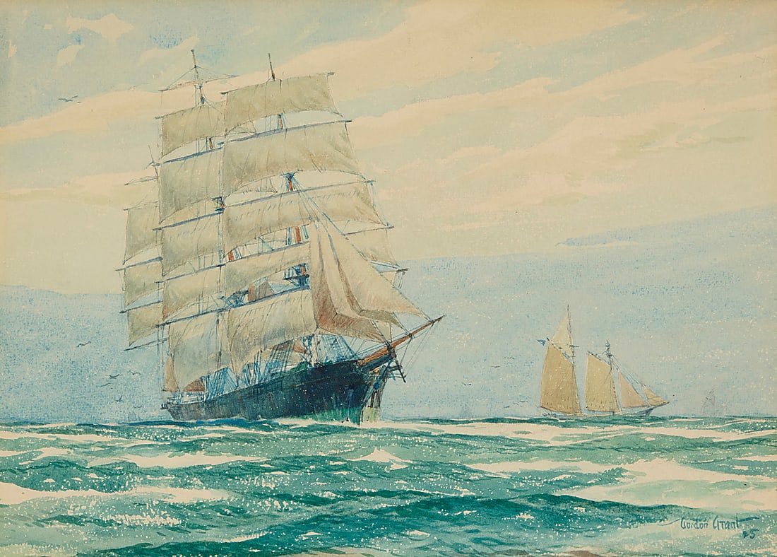 Gordon Grant (1875-1962), "Tall Ship Before the Wind," 1925: Gordon Grant (1875-1962) "Tall Ship Before the Wind," 1925 Watercolor on paper Signed and dated lower right: Gordon Grant / 25; titled on a label affixed to the frame's backing board Sight: 9 3/4 x 13