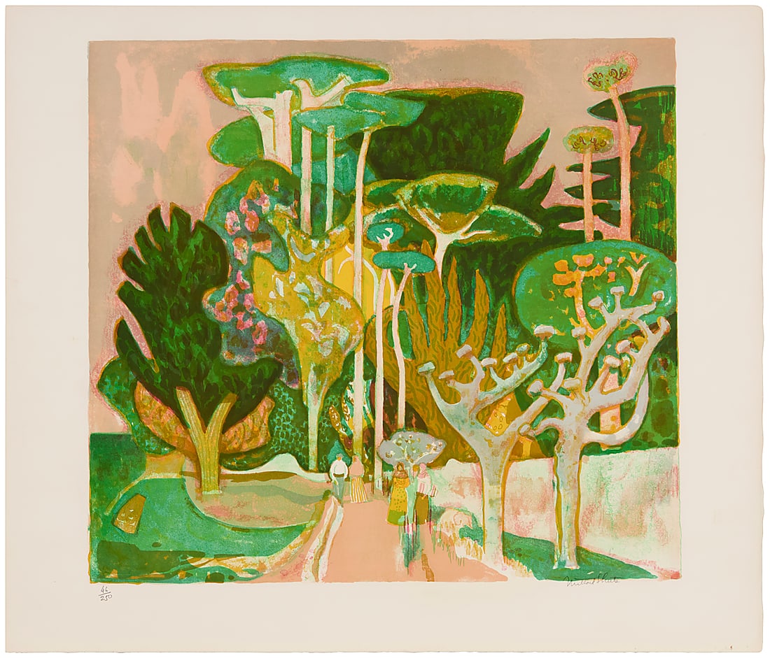 Millard Sheets (1907-1989), "Old Village," circa 1977: Millard Sheets (1907-1989) "Old Village," circa 1977 Lithograph in colors on wove paper Edition: 46/250 Signed and numbered in pencil in the lower margin: Millard Sheets; Circle Fine Art, Chicago, IL,
