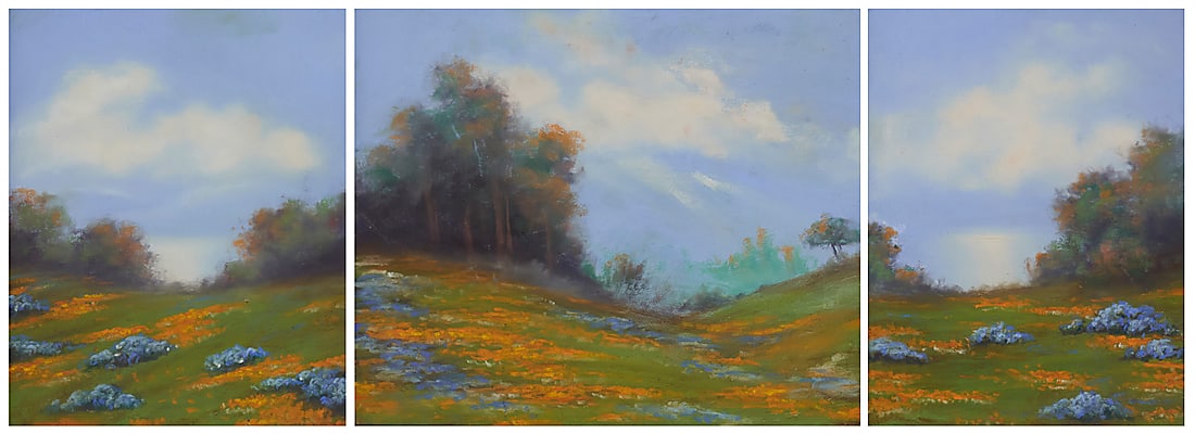 California Plein Air School, (20th Century): California Plein Air School (20th Century) California wildflower triptych Pastel on three sections of thin paperboard Appears unsigned; a faint pencil notation on the verso of one section of the