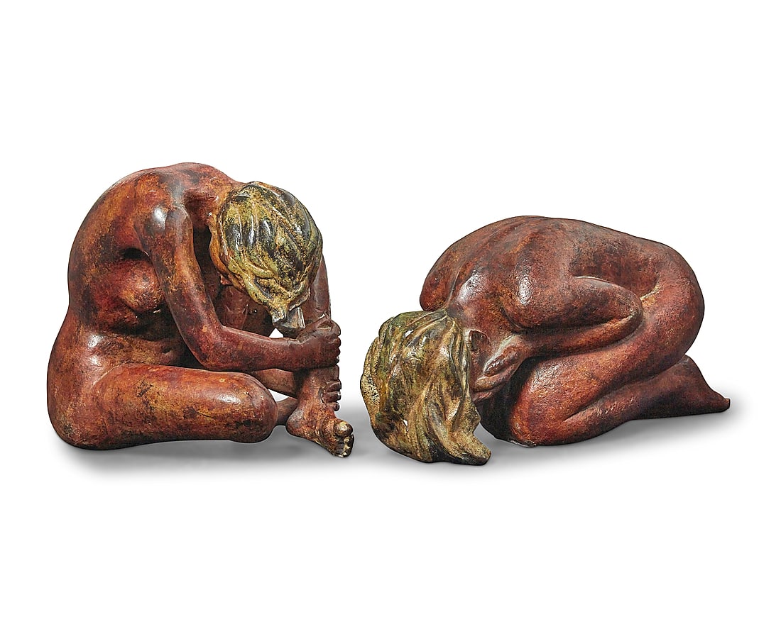 Two Contemporary bronze figures of crouching women: Two Contemporary bronze figures of crouching women Late 20th/early 21st century Each unmarked Cold-painted bronze 2 pieces Taller height 7 1/4 in., width 6 1/2 in., depth 8 3/8 in.; shorter height 5