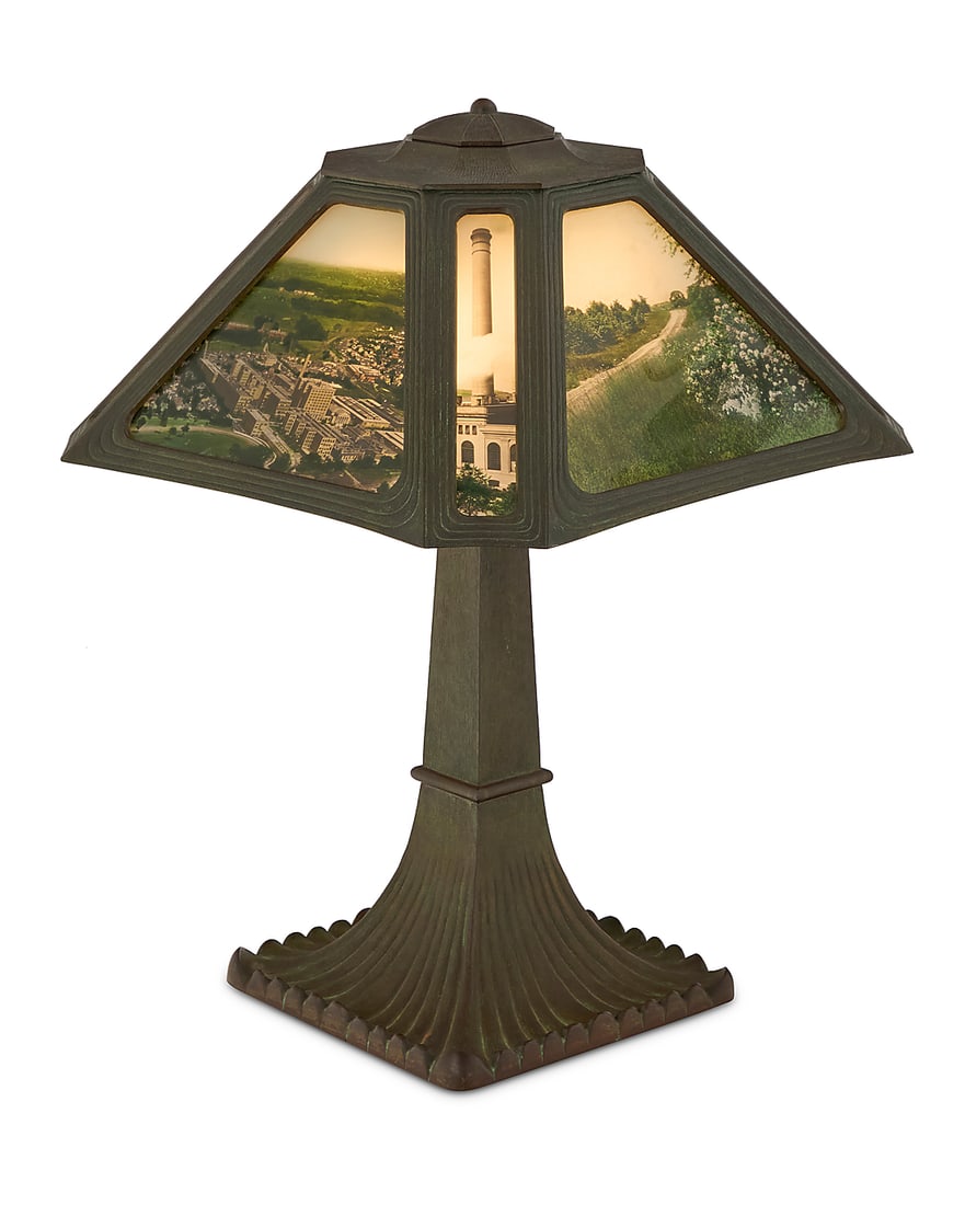 An American photographic interior decorated glass table lamp: An American photographic interior decorated glass table lamp Circa 1920s Incised to top of shade: V652893; each fixture marked: BENJAMIN; inscribed to base: PRESENTED BY / THE N.C.R.CO.TO / J. F.