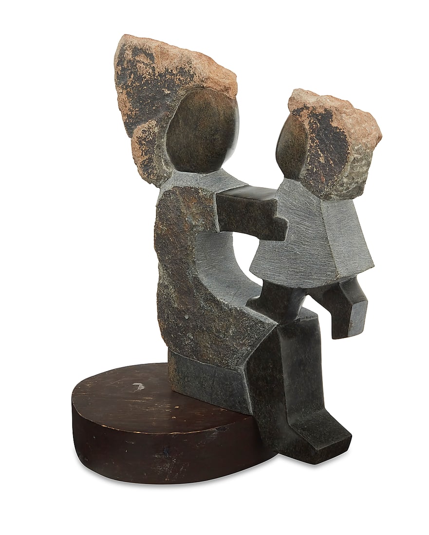 Dominic Benhura (b.1968), Mother and child: Dominic Benhura (b.1968) Mother and child Carved stone on associated wood plinth With incised signature to underside: DOMINIC BENHURA TM 2 pieces Stone height 14 1/2 in., width 10 in., depth 3 1/2