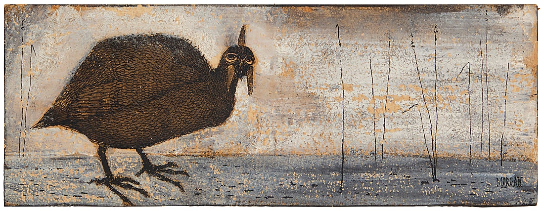 John Paul Morgan (1934-2020), "Guinea Fowl": John Paul Morgan (1934-2020) "Guinea Fowl" Ink and oil on board Signed lower right: Morgan; titled on a label affixed verso 3 1/2 x 9 3/8 in.