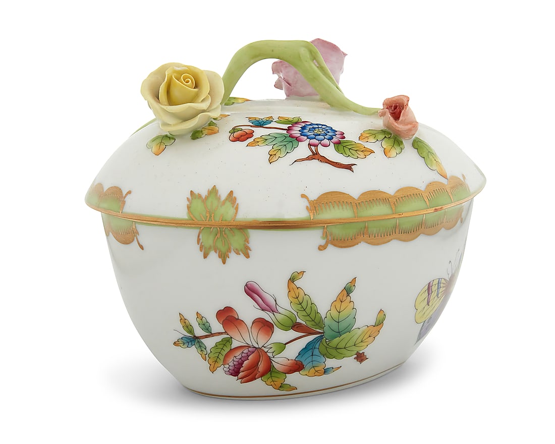 A Herend porcelain 'Queen Victoria' cordiform box: A Herend porcelain 'Queen Victoria' cordiform box 20th century With blue printed factory mark above painted shape number and pattern: 6001/VBO / 7/C Height 4 1/2 in., width 5 1/4 in., depth 4 3/4 in.