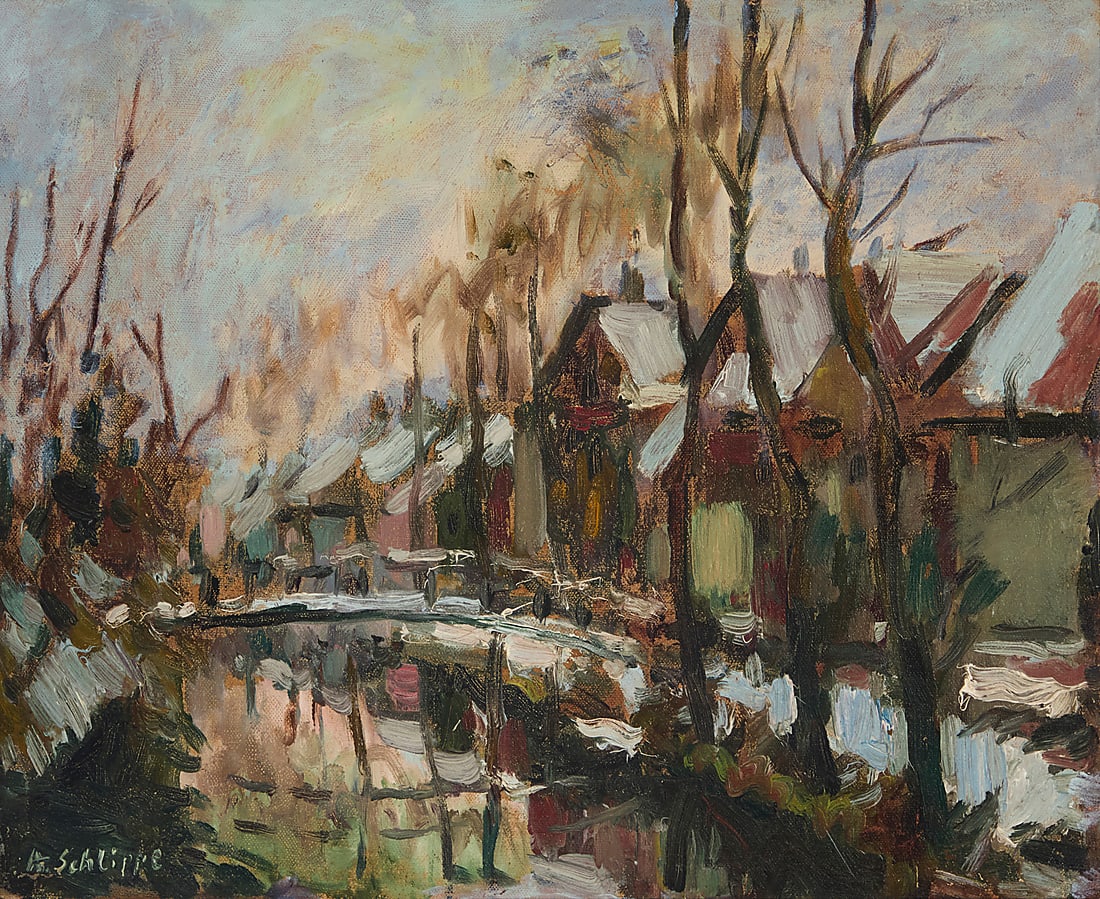 Alexey von Schlippe (1915-1988), Houses beside a canal and small footbridge: Alexey von Schlippe (1915-1988) Houses beside a canal and small footbridge Oil on canvas laid to canvasboard Signed lower left: A. Schlippe 13 x 16 in.