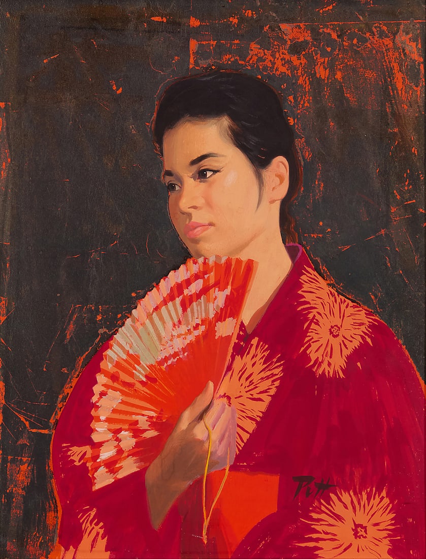 Donald "Putt" Putman (1926-2007), "Geisha with Fan": Donald "Putt" Putman (1926-2007) "Geisha with Fan" Acrylic and mixed media on board Signed lower right: Putt; titled, on the frame's backing paper 14 x 11 in.