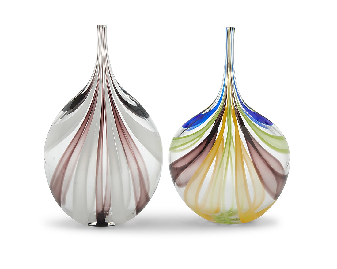 Chris McCarthy (20th/21st century), Two studio glass vases, late 20th century: Chris McCarthy (20th/21st century) Two studio glass vases, late 20th century Each with etched signature: C. McCarthy 2 pieces Taller height 11 1/4 in., width 6 7/8 in.; height of shorter 11 1/8 in., w