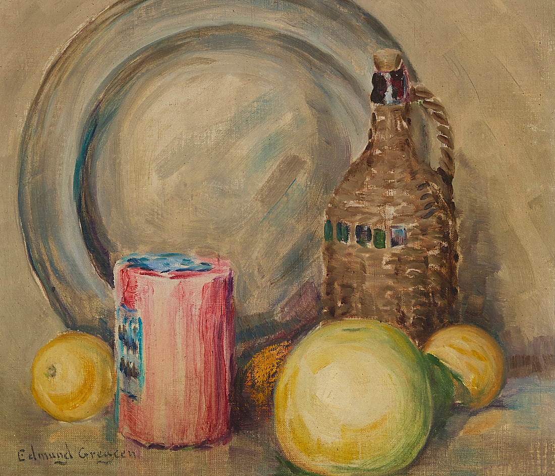 Edmund William Greacen (1876-1949), Still life with fruits, plate, and bottle: Edmund William Greacen (1876-1949) Still life with fruits, plate, and bottle Oil on canvas laid to artist's board Signed lower left: Edmund Greacen 12 3/4 x 14 3/4 in.
