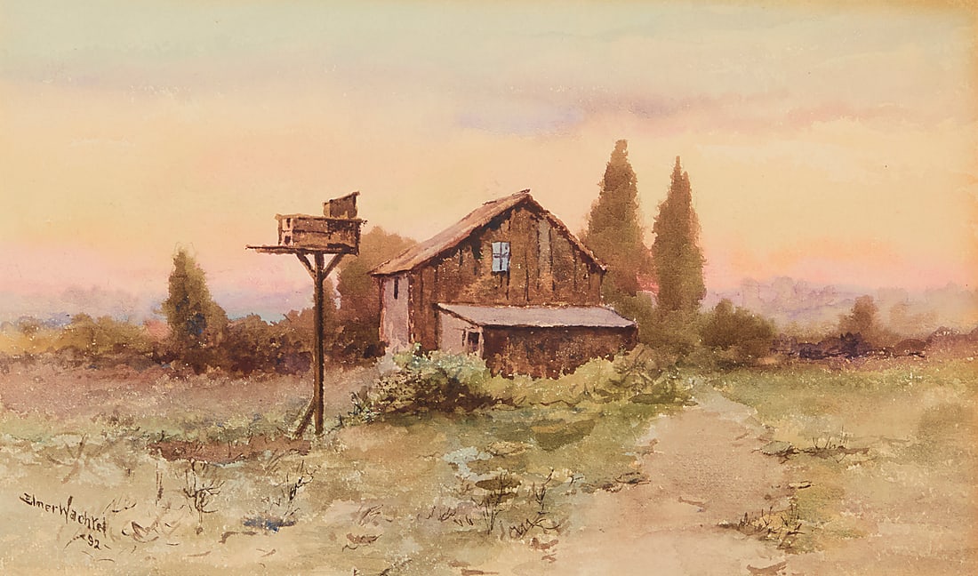 Elmer Wachtel (1864-1929), Ranch house, 1892: Elmer Wachtel (1864-1929) Ranch house, 1892 Watercolor on paper Signed and dated lower left: Elmer Wachtel / -92- Sight: 8 x 13 1/2 in.
