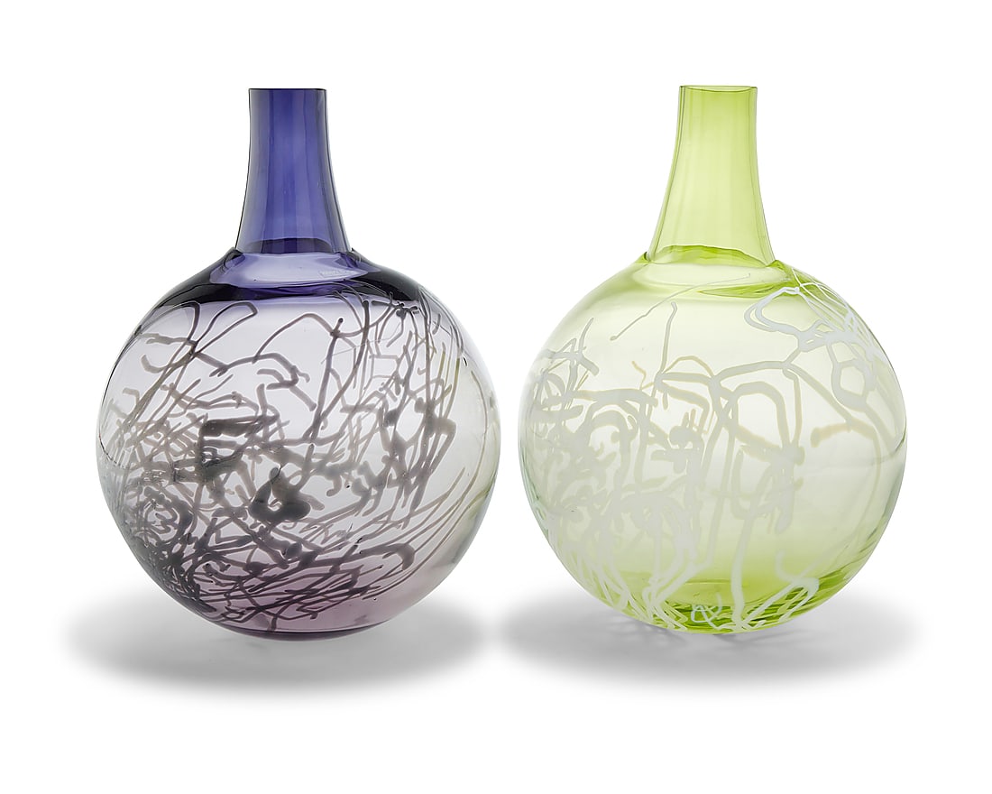 Gunnel Sahlin (b. 1954), Two glass 'Scribble' vases for Kosta Boda, early 21st century: Gunnel Sahlin (b. 1954) Two glass 'Scribble' vases for Kosta Boda, early 21st century Each etched with number: KOSTA BODA / G SAHLIN / 7040437 2 pieces Height of each 11 1/8 in., diameter 8 in.