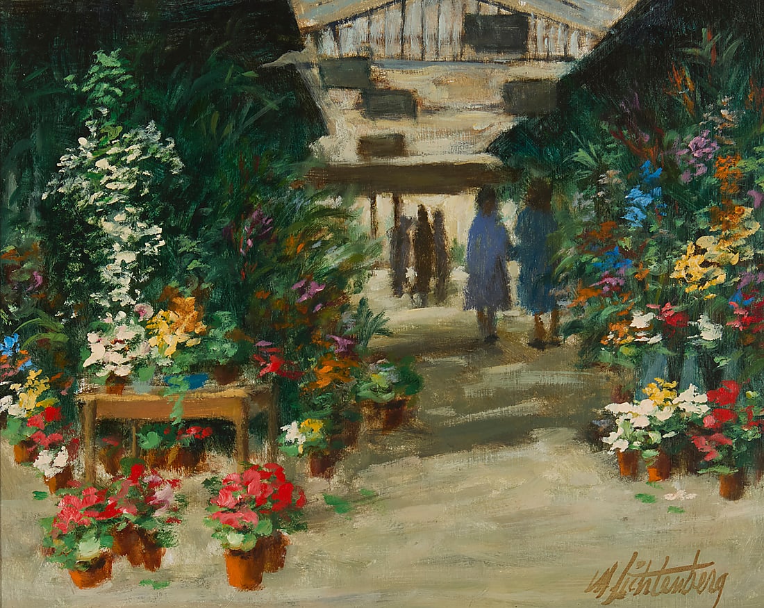 Manes Lichtenberg (1920-2009), "Paris Flower Market": Manes Lichtenberg (1920-2009) "Paris Flower Market" Oil on Masonite Signed lower right: M Lichtenberg; titled on a handwritten sticker affixed verso 8 x 10 in.