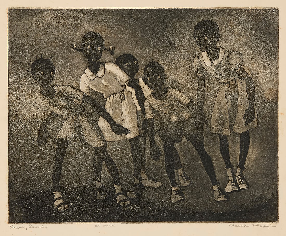 Blanche McVeigh (1895-1970), "Lawdy Lawdy," circa 1943: Blanche McVeigh (1895-1970) "Lawdy Lawdy," circa 1943 Aquatint on Basingwerk Parchment paper From the edition of 25 Signed, titled, and inscribed in pencil along the lower margin: Blanche McVeigh /