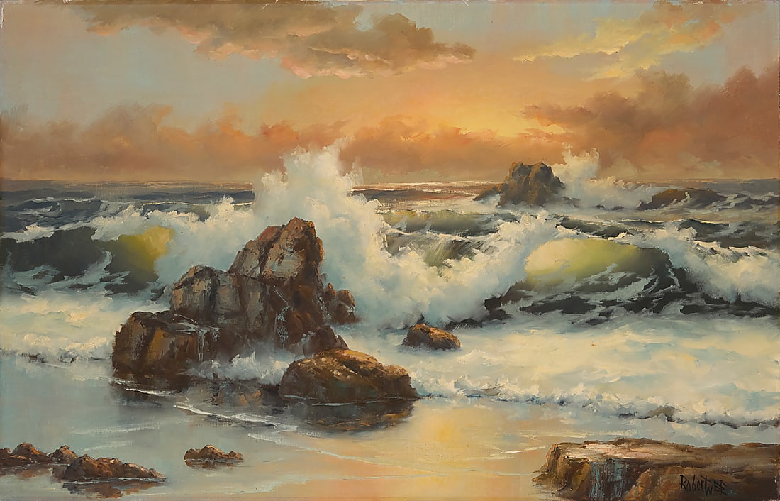 Robert Wee (b. 1927), Sunset seascape: Robert Wee (b. 1927) Sunset seascape Oil on canvas Signed lower right: Robert Wee; signed again and inscribed with the artist's copyright statement in black, verso 21 1/2 x 33 1/4 in.
