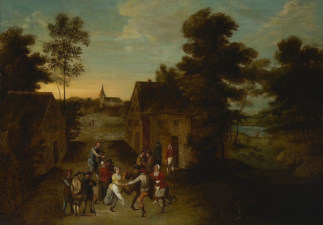 17th/18th Century Dutch School: 17th/18th Century Dutch School A village dance scene Oil on canvas laid to canvas Unsigned 30 1/2 x 43 1/2 in. Provenance: Private Estate, California