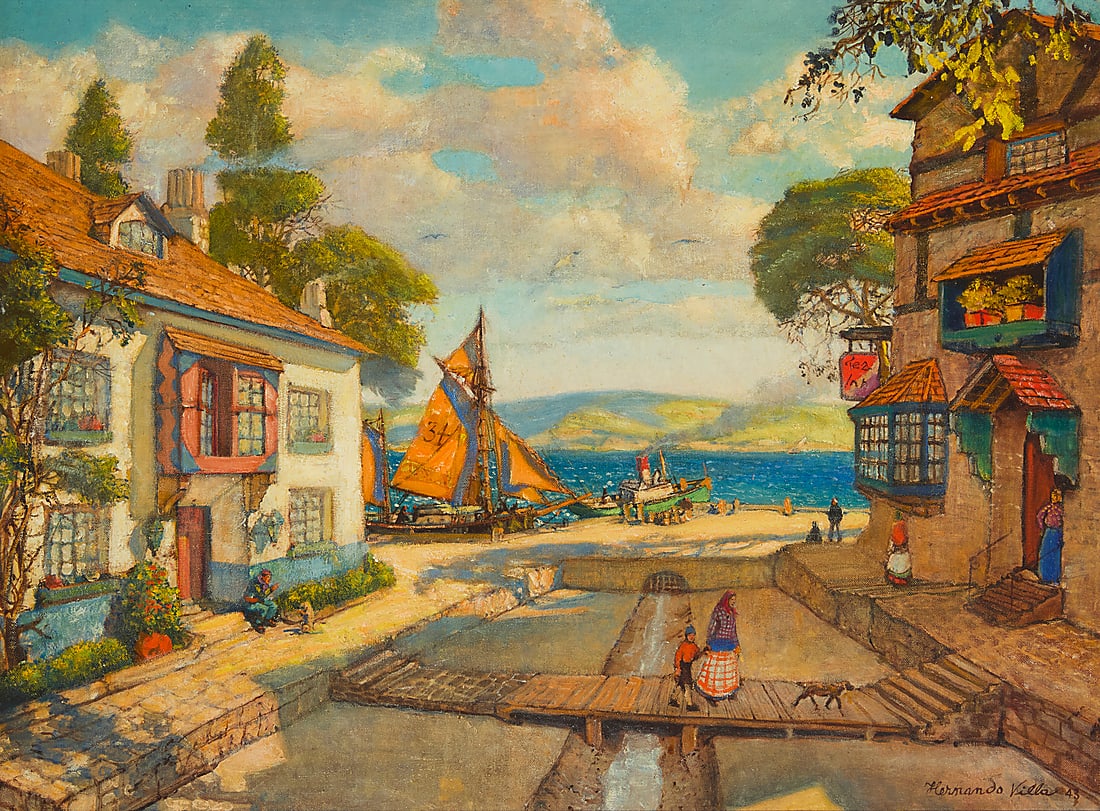 Hernando Villa (1881-1952), Harbor village with townspeople, 1943 (1 of 5)