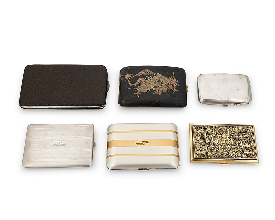 Six vintage cigarette cases: Six vintage cigarette cases Mid/late 20th century A group of cases in various styles and metals, including two sterling silver cases, one small, circa 1938, and one larger with chased fineline banding