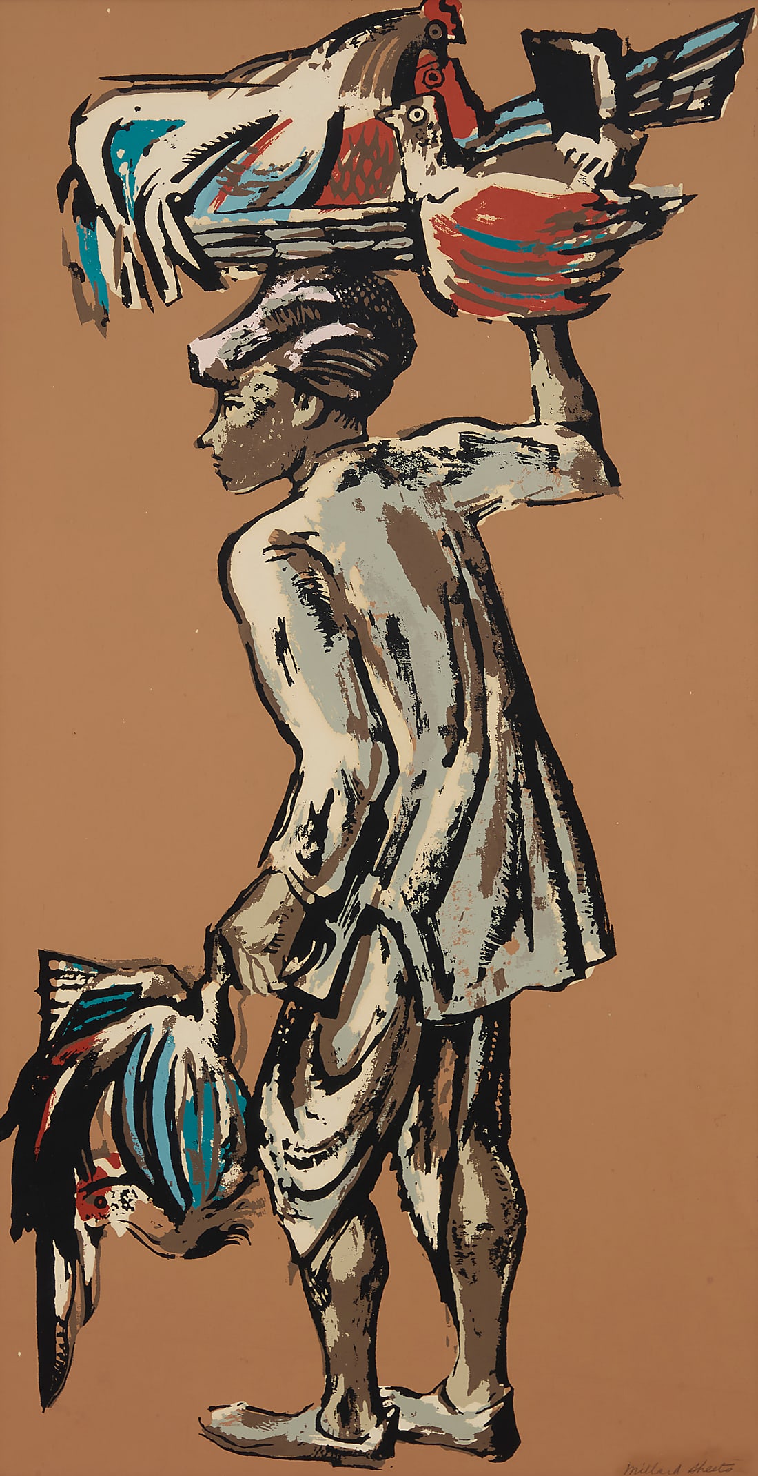Millard Sheets (1907-1989), "Indian Poultryman," circa 1940: Millard Sheets (1907-1989) "Indian Poultryman," circa 1940 Screenprint in colors on paper Likely from the edition of 315 Signed in pencil lower right, on the image: Millard Sheets; remnants of a signa