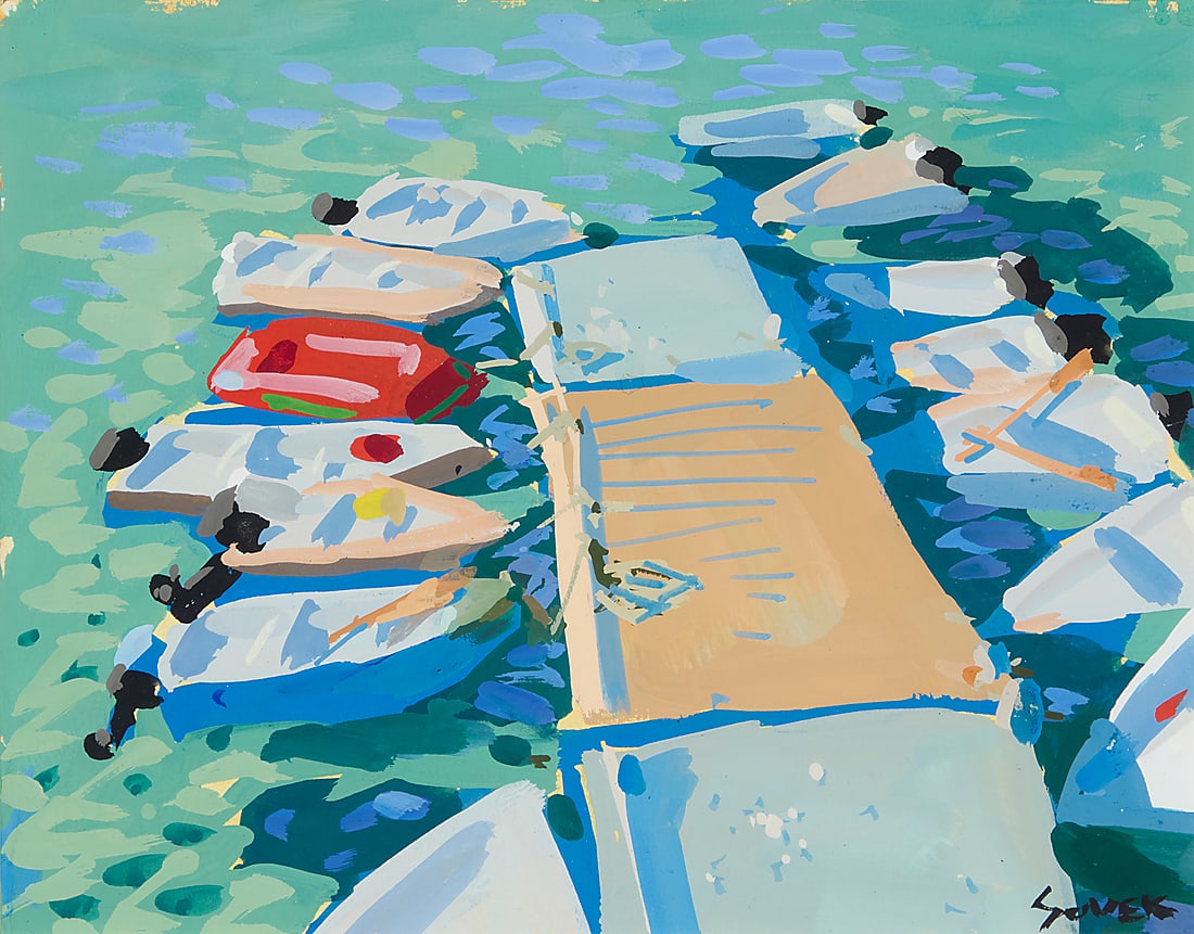Charles Sovek (1937-2007), "Noon Light on the Marina," 1998: Charles Sovek (1937-2007) "Noon Light on the Marina," 1998 Gouache on paper Signed lower right: Sovek; signed "Charles Sovek," titled, dated "© 1998," and inscribed "#2," all on the frame's backing