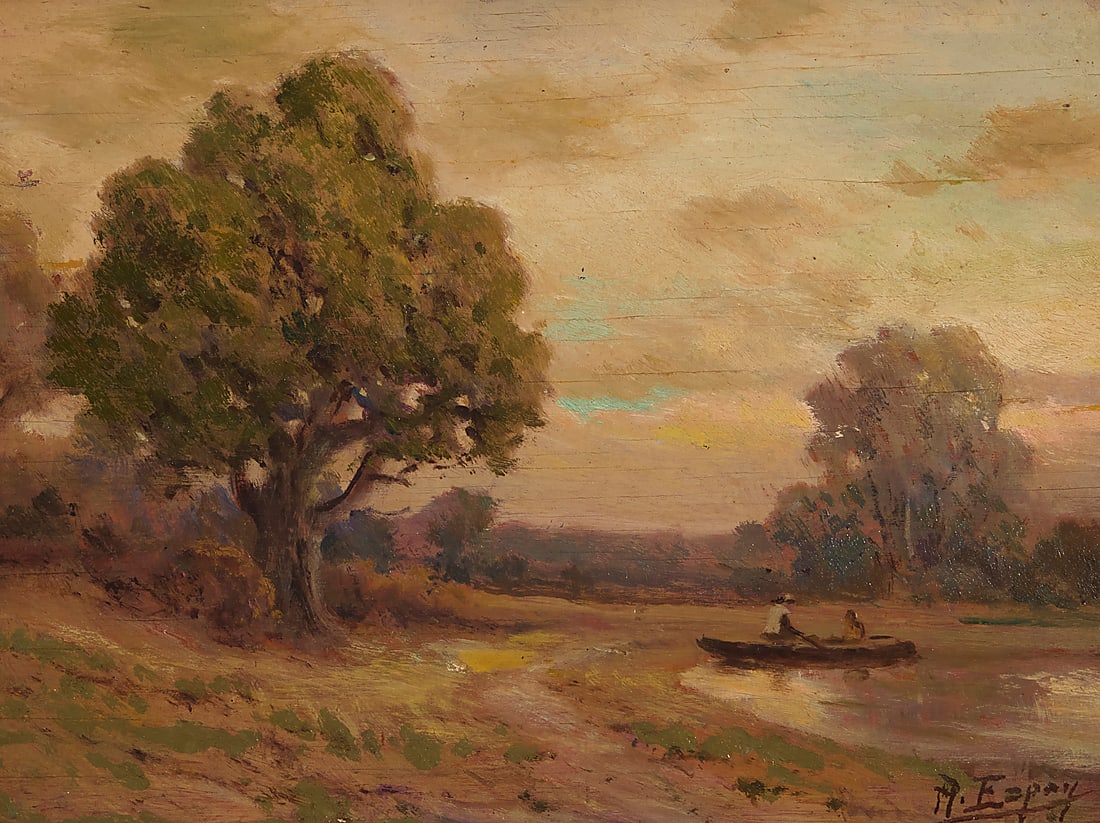 Angel Espoy (1879-1963), Sunset landscape with trees: Angel Espoy (1879-1963) Sunset landscape with trees Oil on board Signed lower right: A. Espoy 9 1/4 x 12 1/4 in.