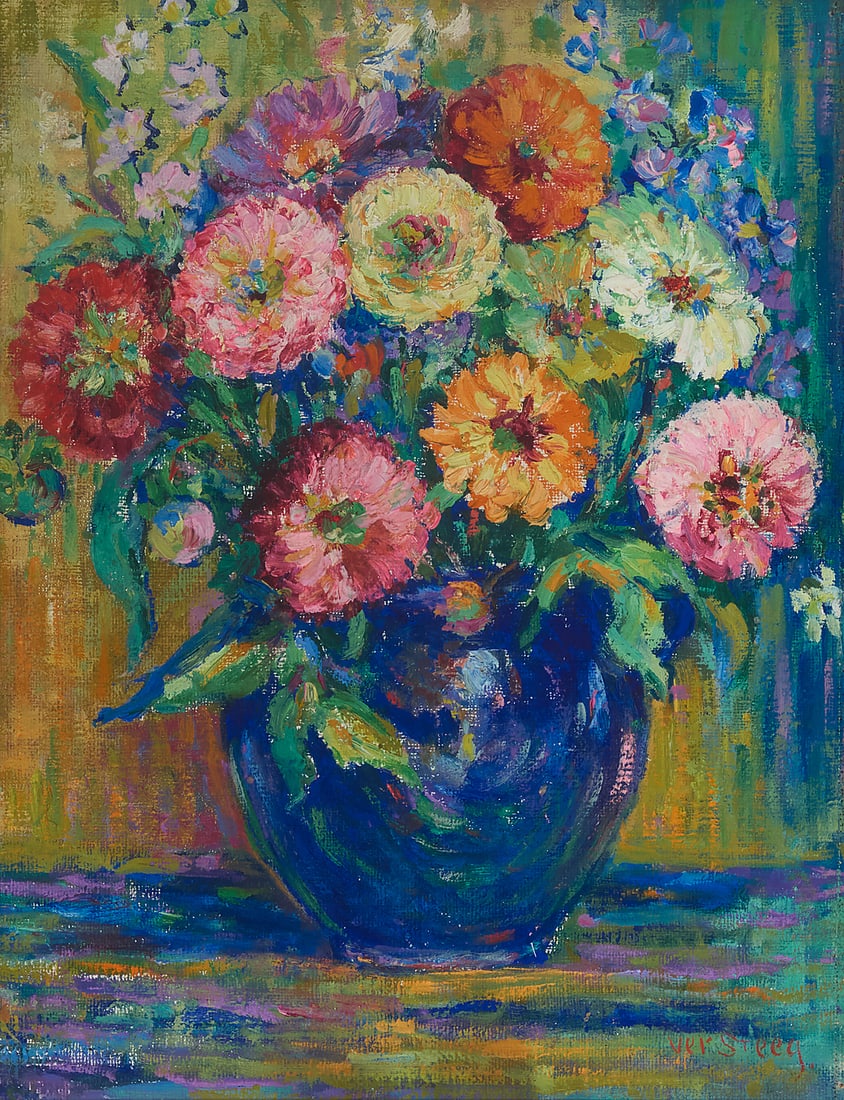 Florence Biddle Ver Steeg (b. 1871), "Zinneas," circa 1925: Florence Biddle Ver Steeg (b. 1871) "Zinneas," circa 1925 Oil on canvas laid to artist's board Signed lower right: Ver Steeg; signed again and titled on a partial exhibition label affixed verso 14 x 1