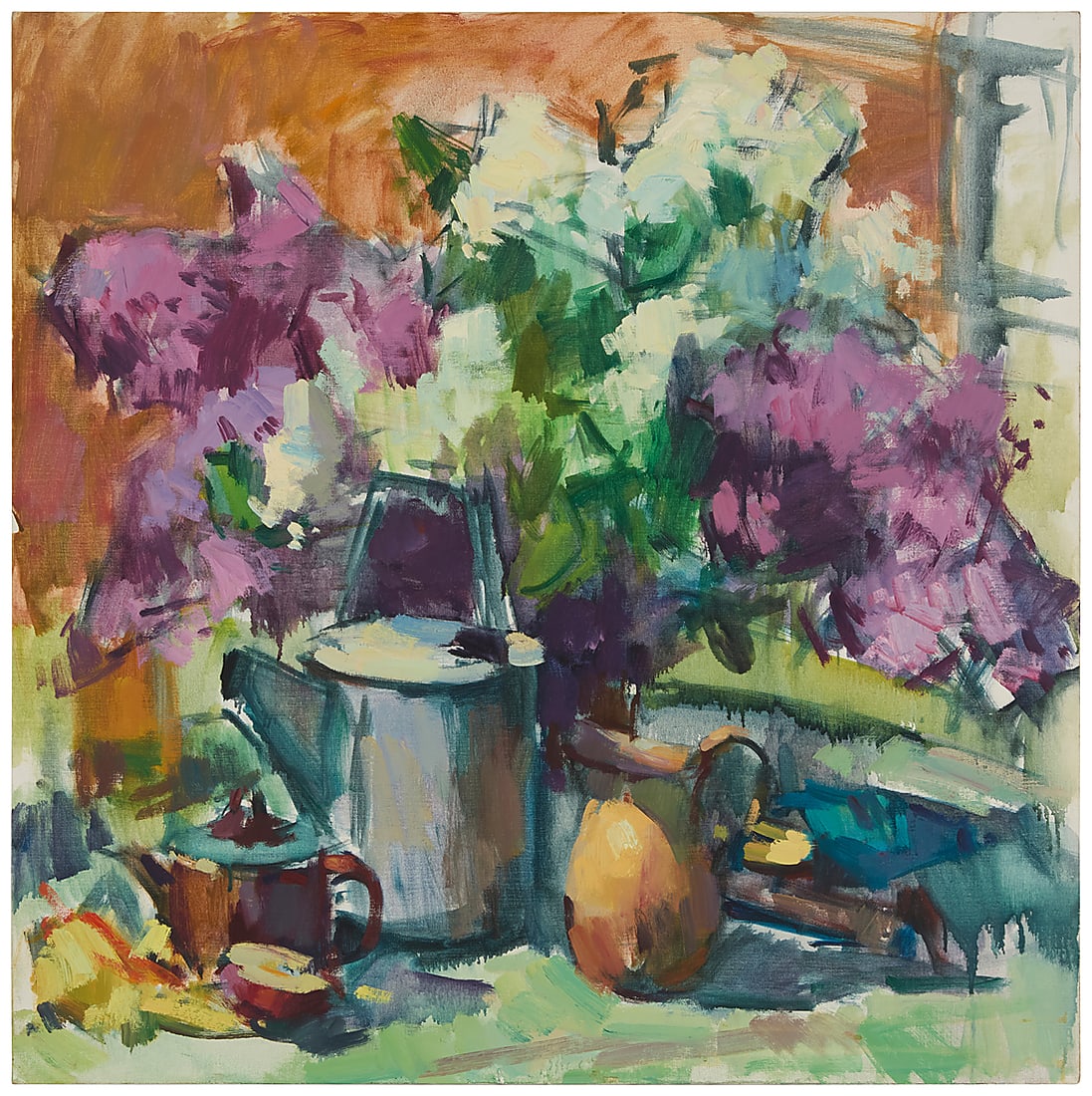 Sergei Bongart (1918-1985), A still life with lilacs and pots: Sergei Bongart (1918-1985) A still life with lilacs and pots Oil on canvas Unsigned 36 x 35 7/8 in. Provenance: The Estate of Sergei Bongart