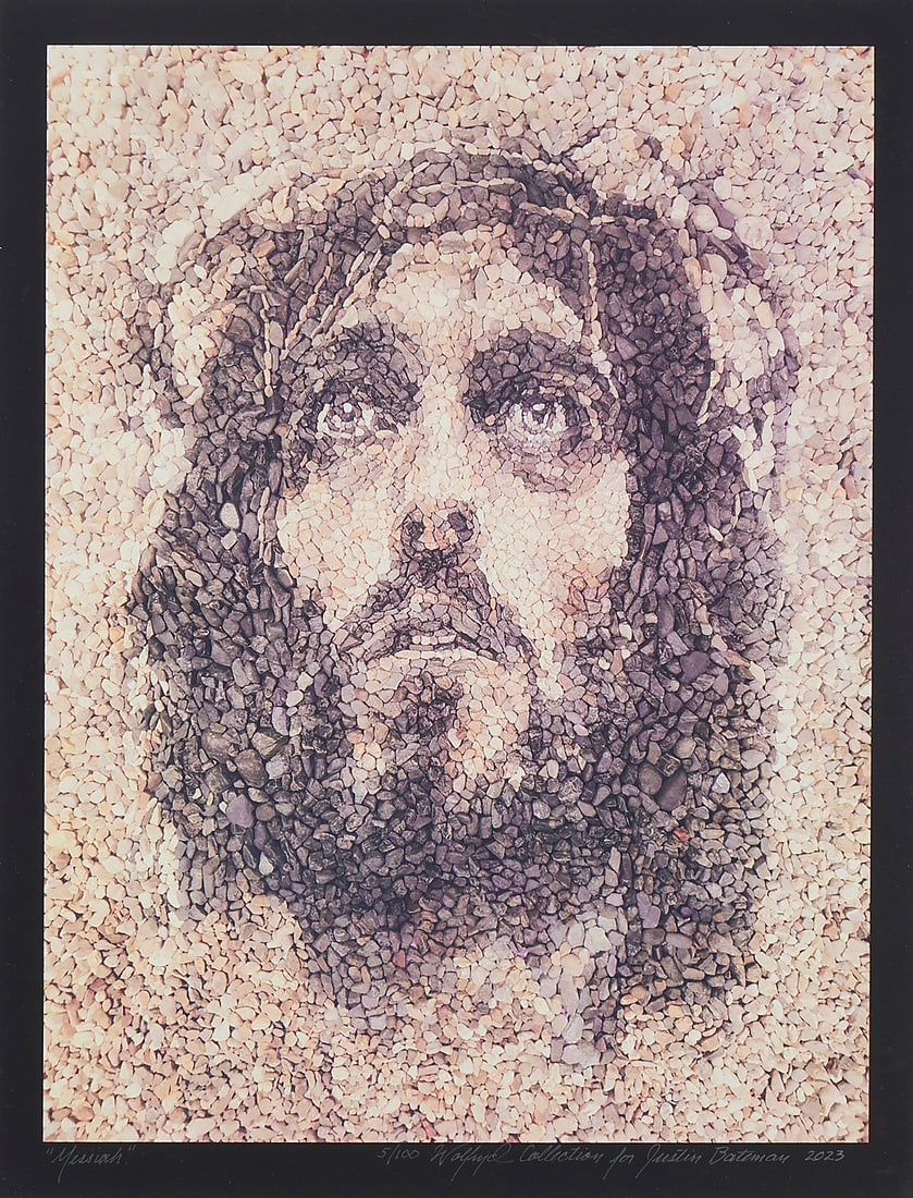Justin Bateman (20th Century), "Messiah," 2023, Ink jet print with embossing on paper, Image: 25" H: Justin Bateman (20th Century) "Messiah," 2023 Photo silkscreen with embossing on paper Edition: 5/100 Titled, dated, numbered, and inscribed in the lower margin: Wolfryd Collection for Justin Bateman 