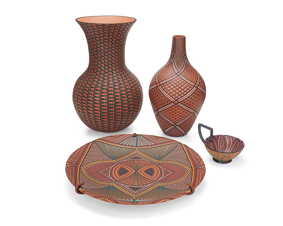 Ricky Maldonado (b. 1953), Four dot-glaze adorned pottery vessels, early 21st century: Ricky Maldonado (b. 1953) Four dot-glaze adorned pottery vessels, early 21st century Larger vase with impressed signature: Rick A. Maldonado; smaller vase signed: Maldonado, charger signed and dated: 
