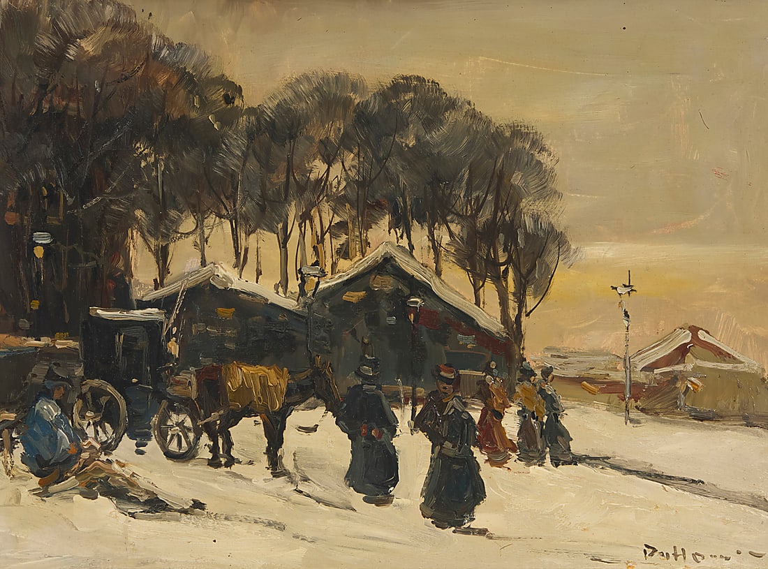 Late 19th/Early 20th Century European Painting: Late 19th/Early 20th Century European Painting Horse-drawn carriage and figures in the snow Oil on panel Signed indistinctly lower right: D** Ho*** 12 x 16 in.