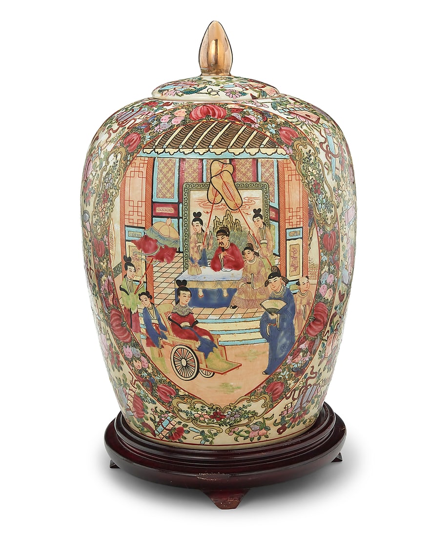 A Chinese Famille Rose porcelain lidded ginger jar: A Chinese Famille Rose porcelain lidded ginger jar Late Qing dynasty/Republic era (1644-1949) Stamped with apocryphal reign mark for Qianlong period (1736-1795) Depicting two figural scenes in friezes