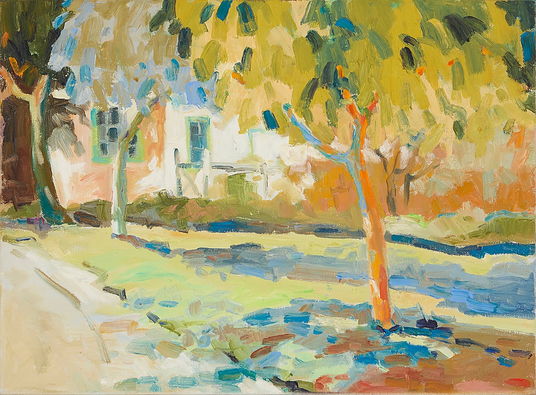 Pamela Glover (1924-2010), "Wisteria House," 1985: Pamela Glover (1924-2010) "Wisteria House," 1985 Oil on canvas Signed, titled, and dated verso: Pam Glover / 8/24/85 11 1/2 x 15 1/2 in.