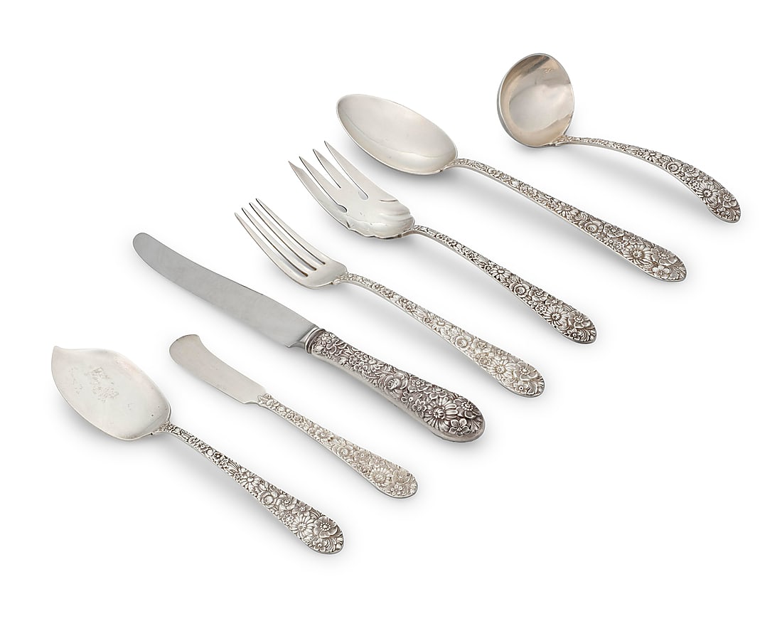 An Alvin sterling silver 'Bridal Bouquet' part flatware service: An Alvin sterling silver 'Bridal Bouquet' part flatware service Mid-20th century Designed 1932 Each with factory marks for sterling Comprising: 6 dinner knives (8 7/8 in.) 6 dinner forks (7 1/8 in.) 6
