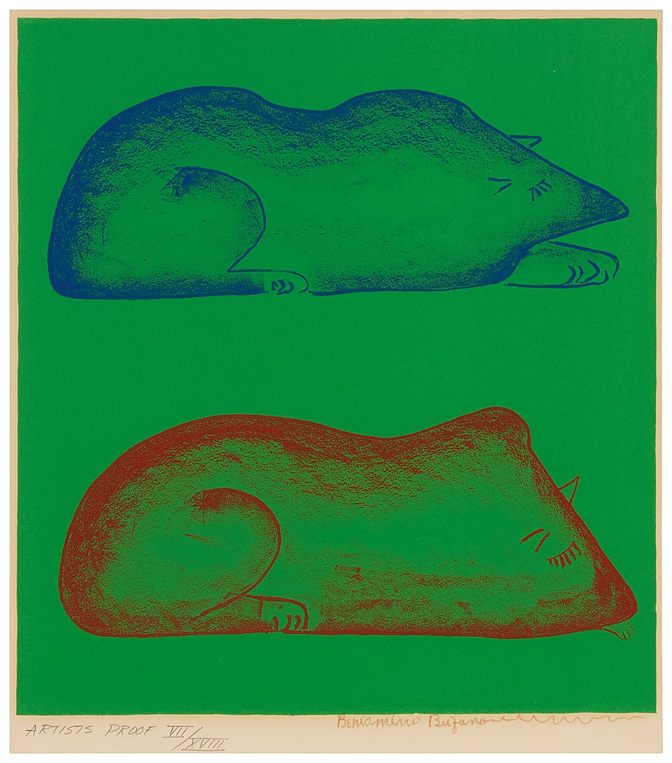 Beniamino Bufano (1898-1970), "Sleeping Wolves," 1970: Beniamino Bufano (1898-1970) "Sleeping Wolves," 1970 Lithograph in colors on paper Artist's proof VII/XVIII (aside from the numbered edition of 100) Signed in brown ink and numbered in pencil, all in