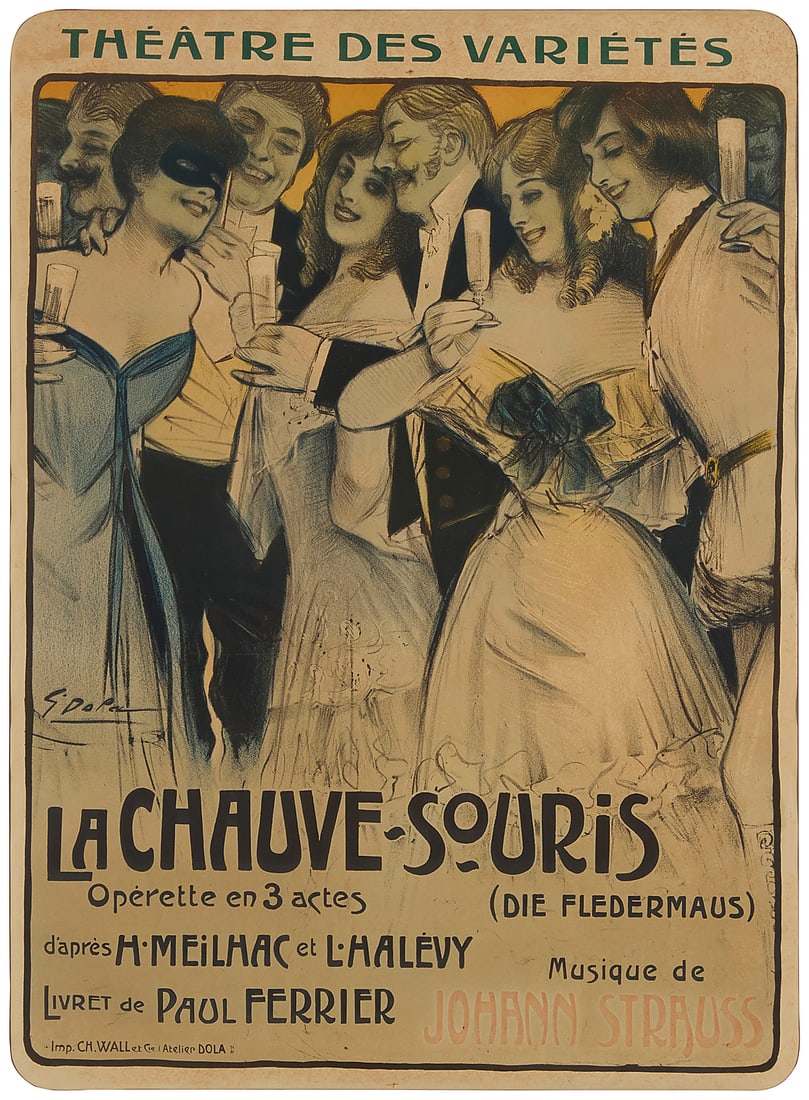 After George Dola (1872-1950), "Theâtre des varietes: La Chauve-Souris," 1904: After George Dola (1872-1950) "Theâtre des varietes: La Chauve-Souris," 1904 Lithographic poster in colors on paper laid to linen From the edition of unknown size With the signature printed as part